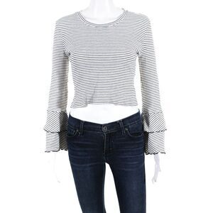 MPC Womens Long Tiered Sleeve Striped Tee Shirt White Black Size Small